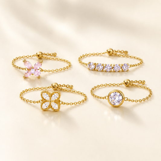 Adjustable Zircon Ring collection on a luxury ivory studio background