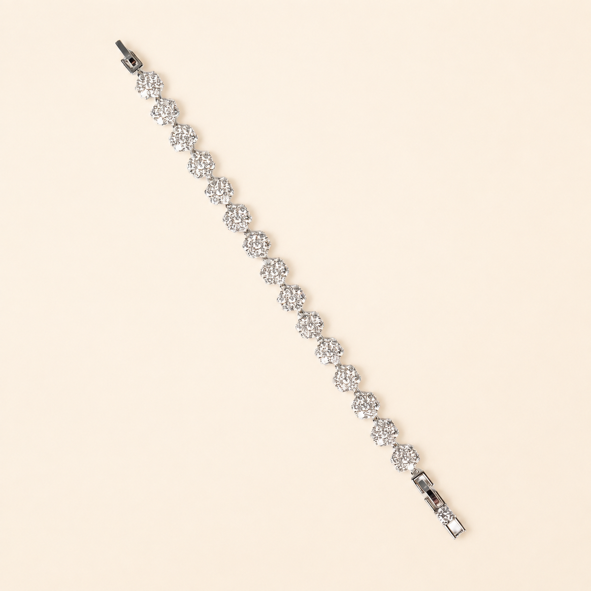 Camellia Zirconia silver flower tennis bracelet on luxury ivory background