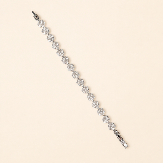 Camellia Zirconia silver flower tennis bracelet on luxury ivory background