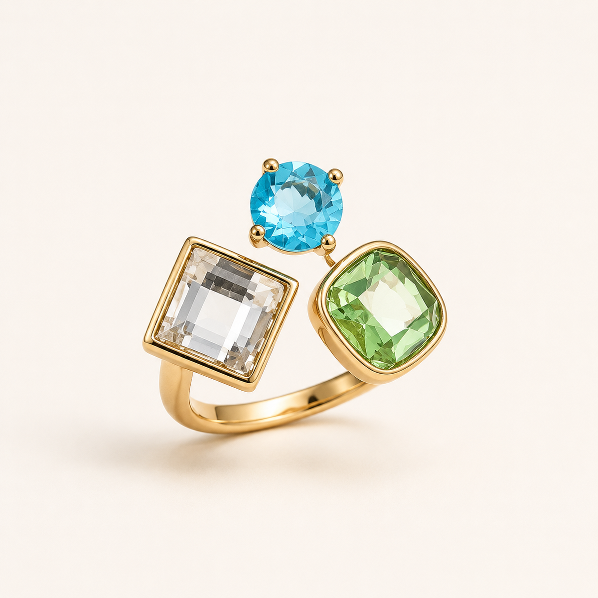 Colour Stone Zircon Ring on a luxury ivory studio background