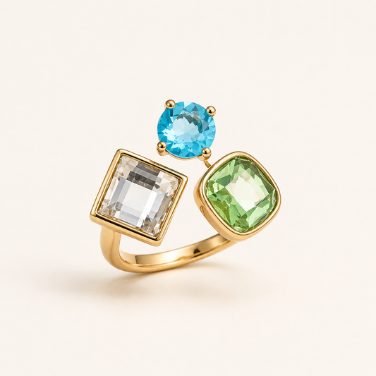 Colour Stone Zircon Ring on a luxury ivory studio background