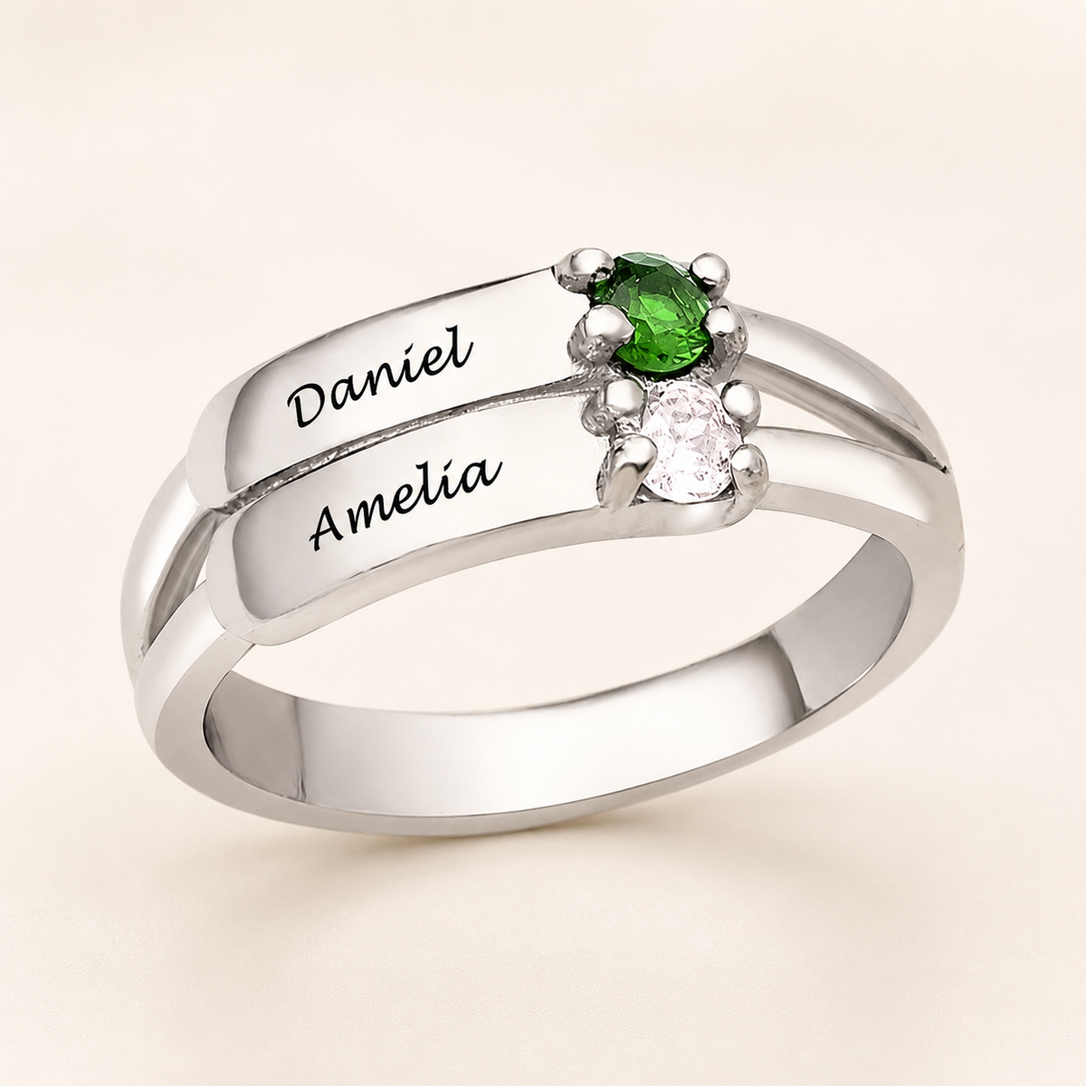 Custom Double Name Ring with personalised birthstones on a luxury ivory background