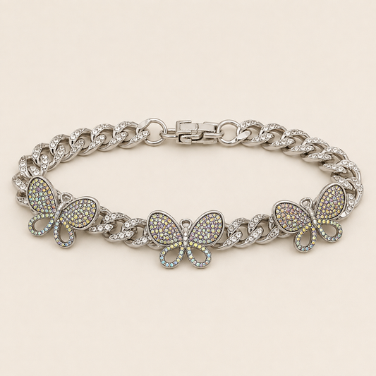 Diamond Butterfly silver Cuban anklet with three iridescent crystal butterfly charms on luxury ivory background
