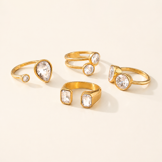 Elliverse classic gold zircon ring collection on a luxury white studio background