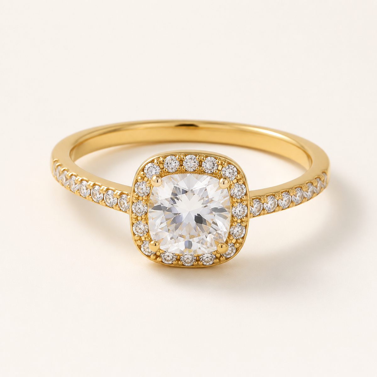 Elliverse gold square zircon halo ring on a luxury white studio background