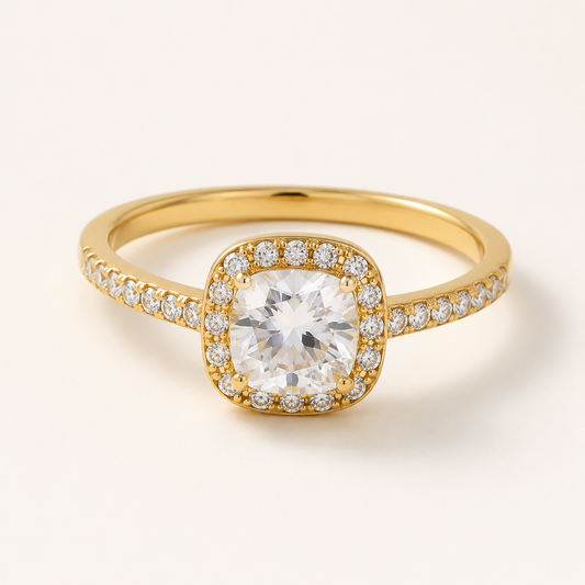 Elliverse gold square zircon halo ring on a luxury white studio background