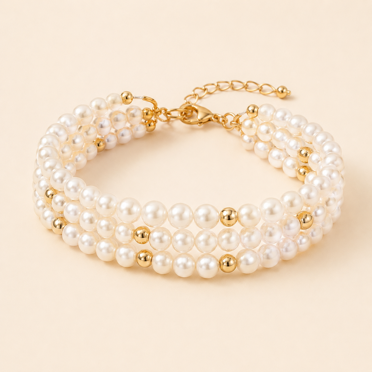 Four-strand white pearl and gold bead layered anklet on a warm ivory background