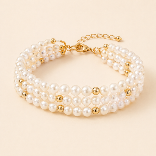Four-strand white pearl and gold bead layered anklet on a warm ivory background