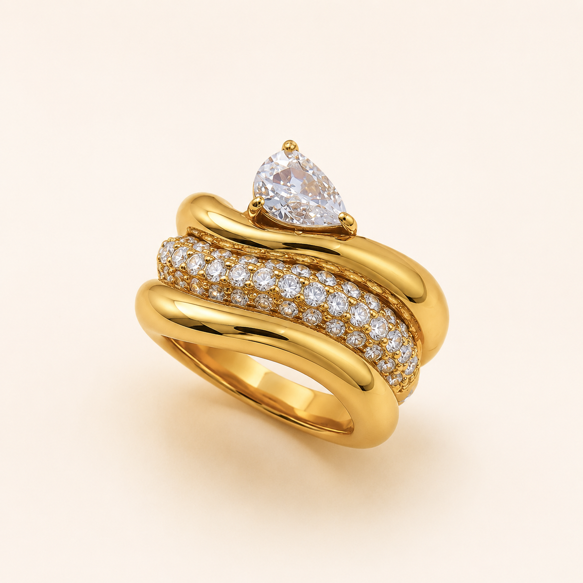 Geometric Zircon Gold Ring on a luxury ivory studio background