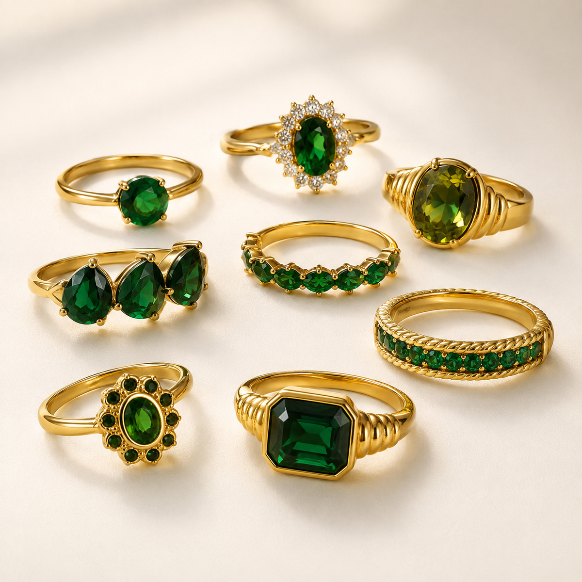 Green Zircon Ring Collection on a luxury ivory studio background