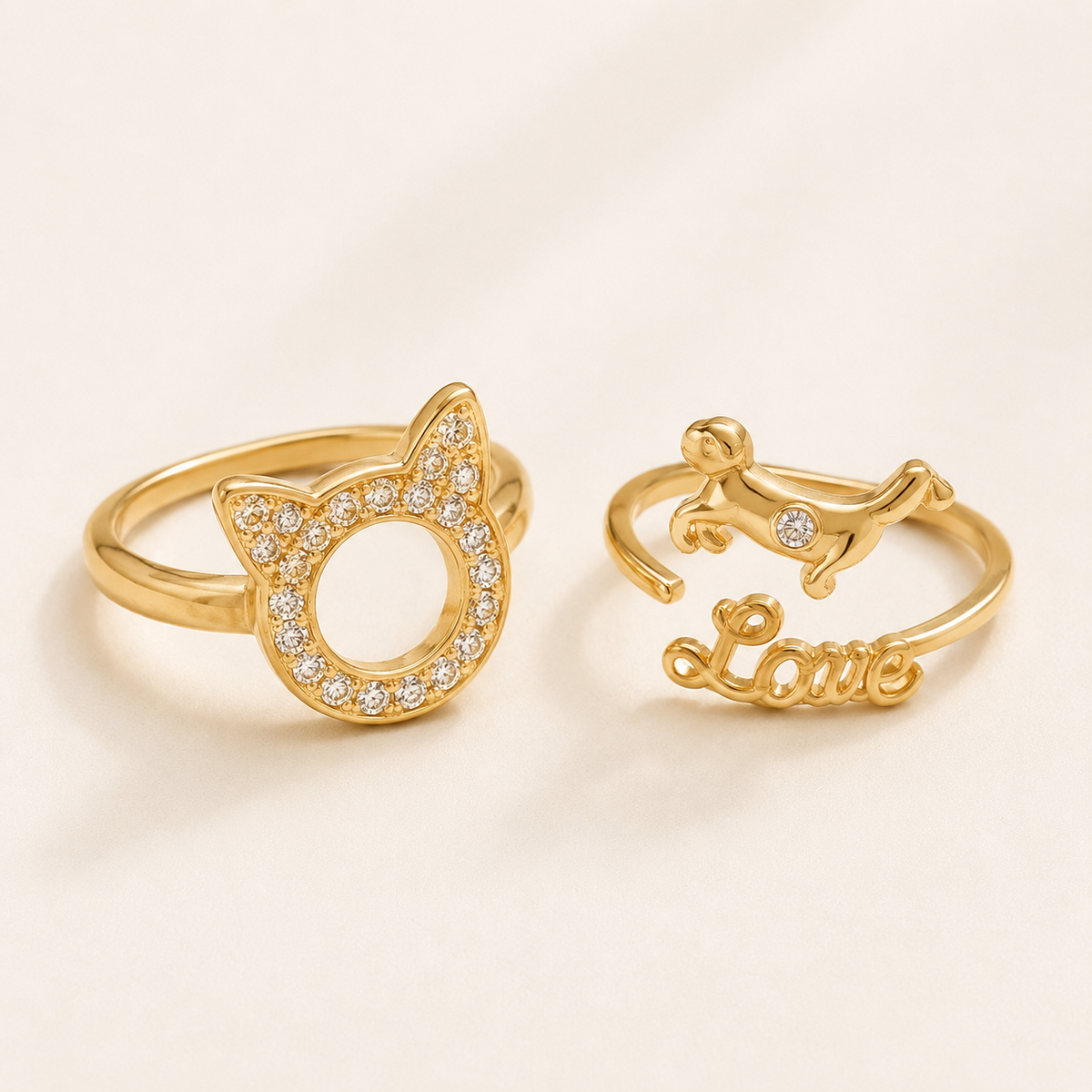 Pet Love Zircon Ring cat and dog designs on a luxury ivory background