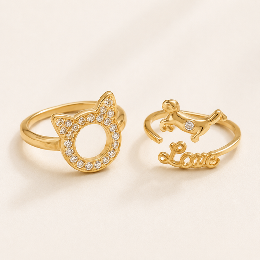 Pet Love Zircon Ring cat and dog designs on a luxury ivory background