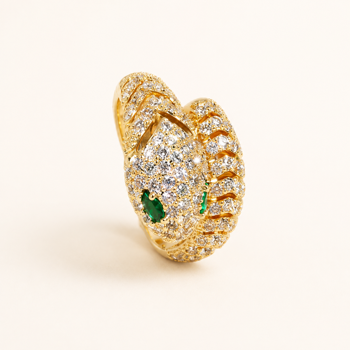 Serpent Zirconia Open Ring on a luxury ivory studio background
