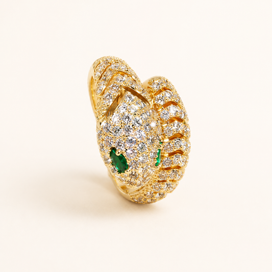 Serpent Zirconia Open Ring on a luxury ivory studio background