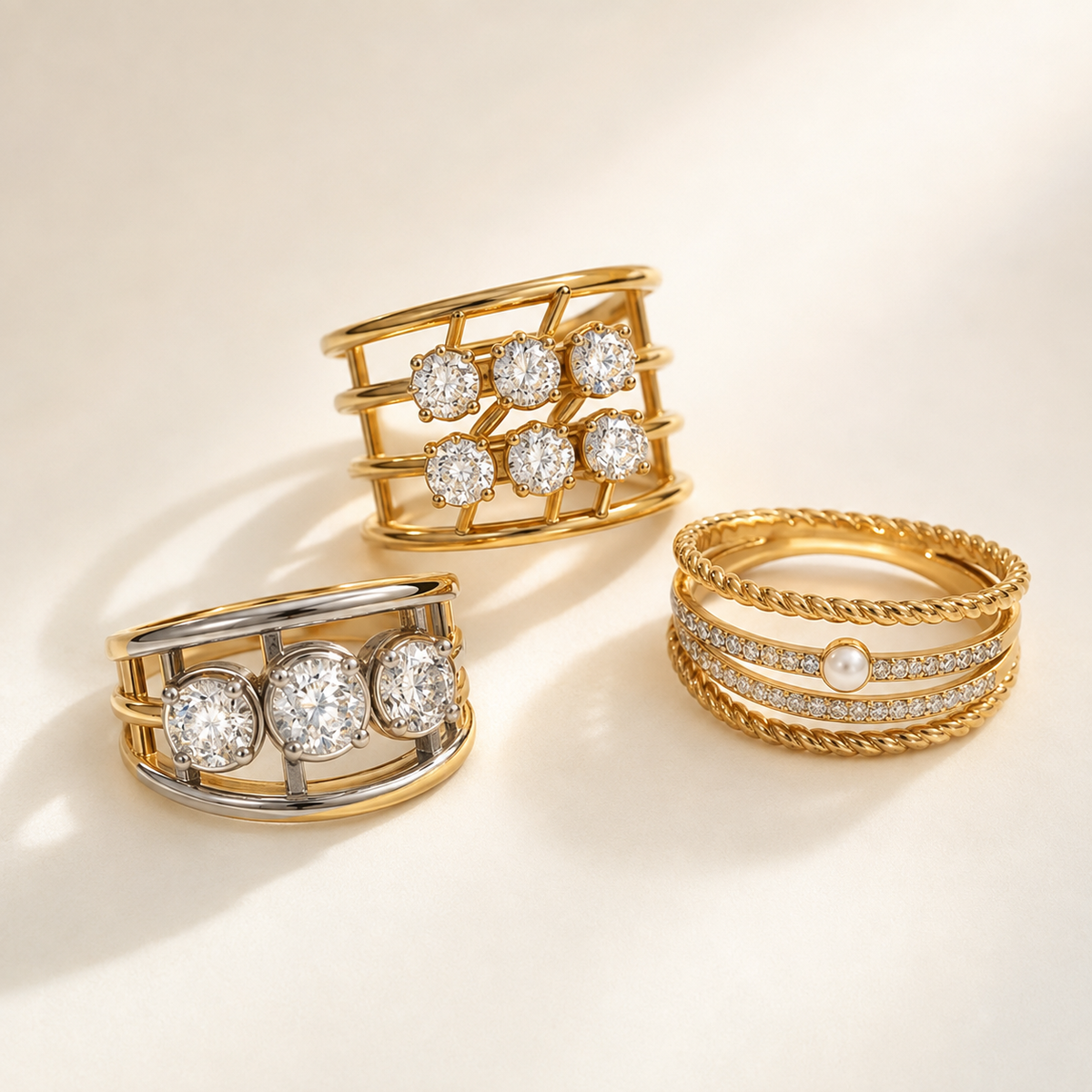 Sliding Zircon Ring Collection on a luxury ivory studio background