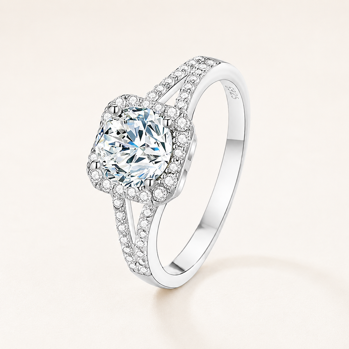 Square Moissanite Silver Ring on a luxury ivory studio background
