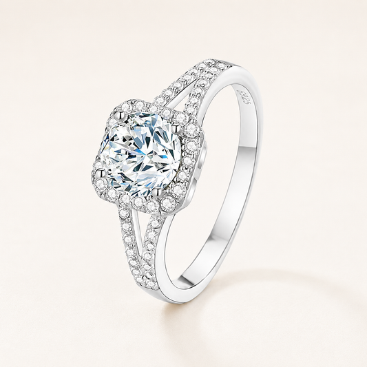 Square Moissanite Silver Ring on a luxury ivory studio background