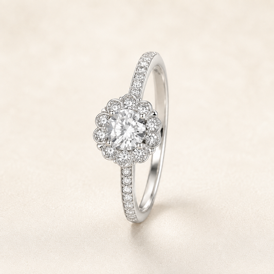 Sunflower Moissanite Silver Ring on a luxury ivory studio background