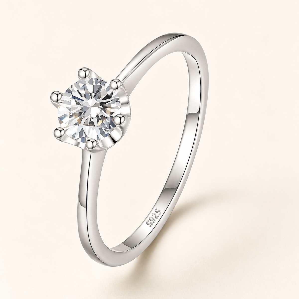Triangular Diamond Silver Ring in polished S925 silver on luxury ivory background