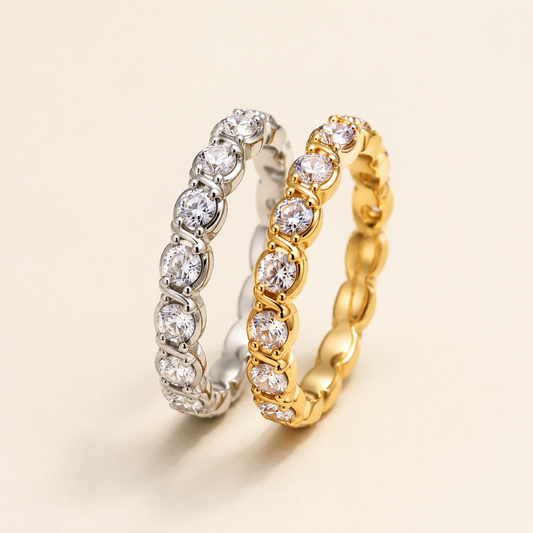 Gold and silver Zircon Band Ring collection on luxury ivory background