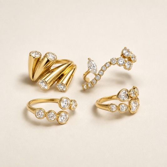 Gold Zircon Cocktail Ring collection on luxury ivory background